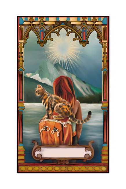 Decorative panel with a mountain, a person with a cat, and an ornate frame.
