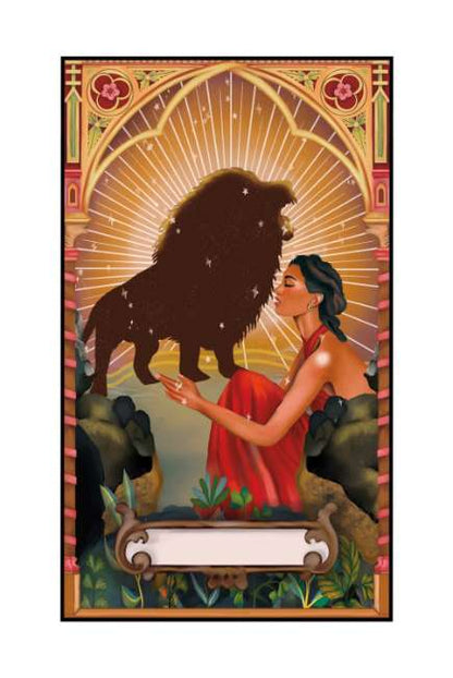 Illustration of a woman in a red dress holding a lion with a decorative border Strength tarot card