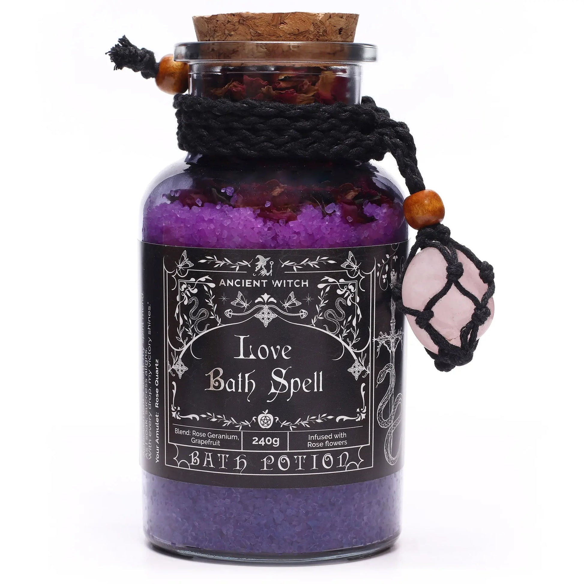 Bath potion labeled 'Love Bath Spell' by Ancient Witch on a white background