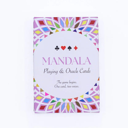 Card deck packaging with colorful mandala design and text on a white background