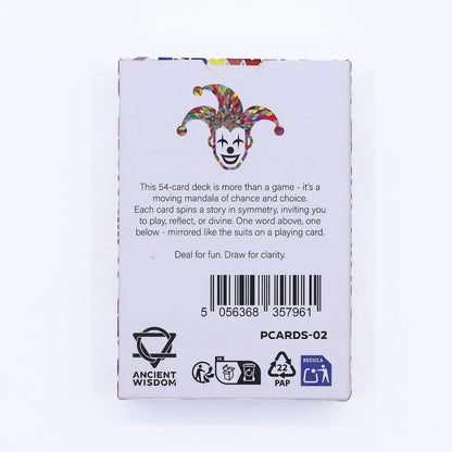 Card game box with jester design and text on a white background