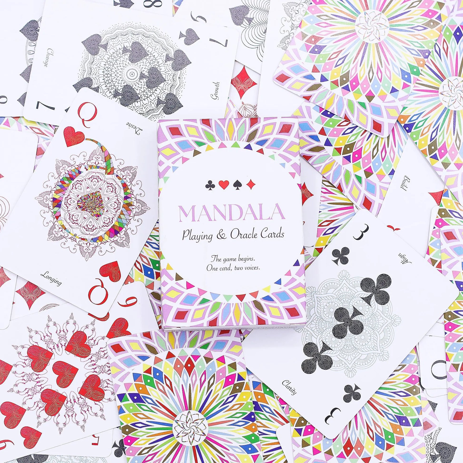 Colorful mandala playing and oracle cards on a white background