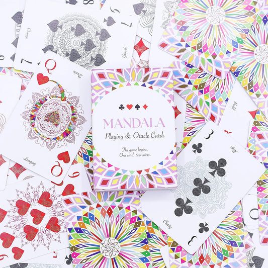 Colorful mandala playing and oracle cards on a white background