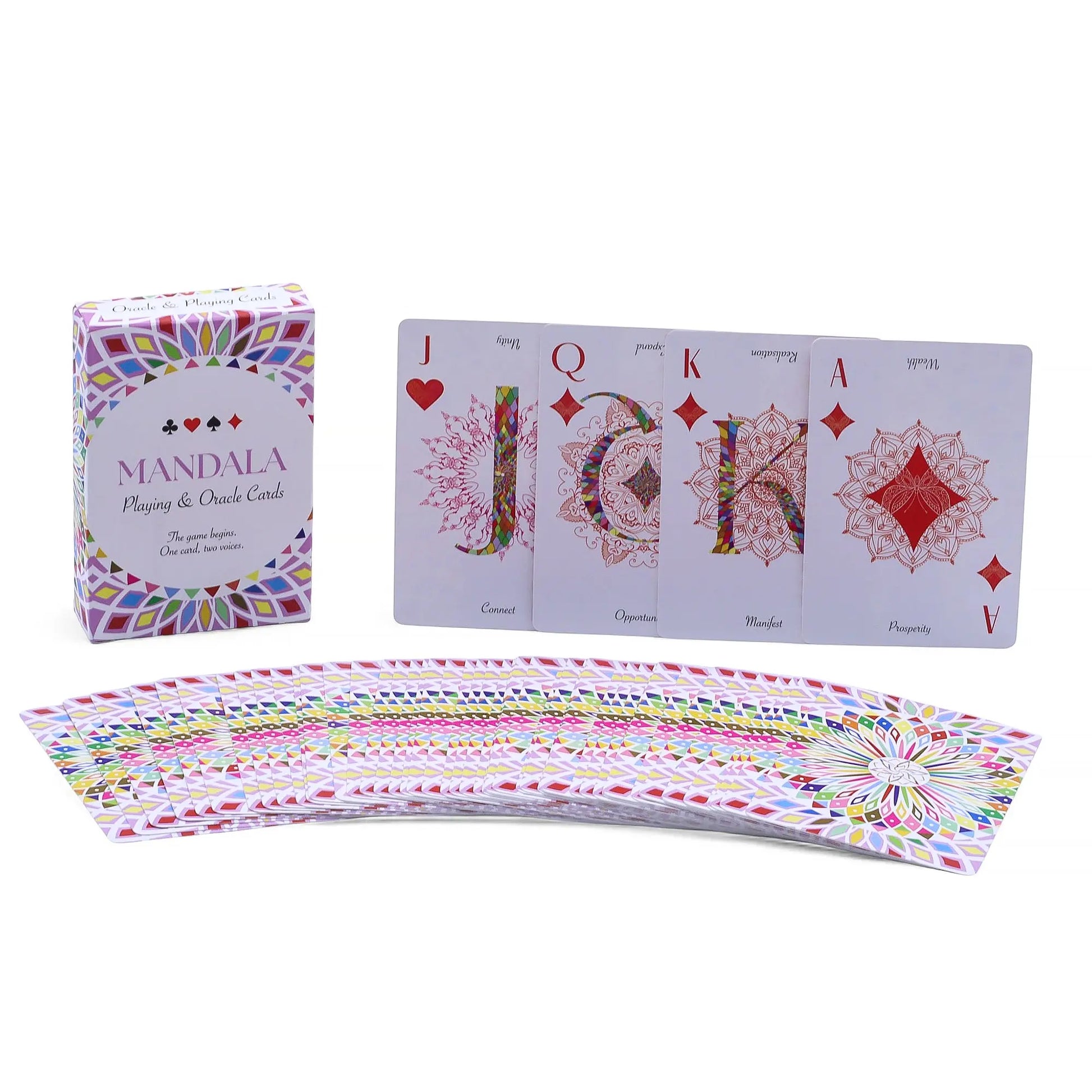 Playing cards with mandala design and colorful packaging on a white background