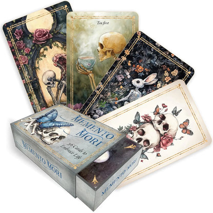 Memento Mori 36 Cards to Embrace Life featuring skeletal imagery, flowers, symbolic artwork, gold-edged cards, and life-affirming messages.