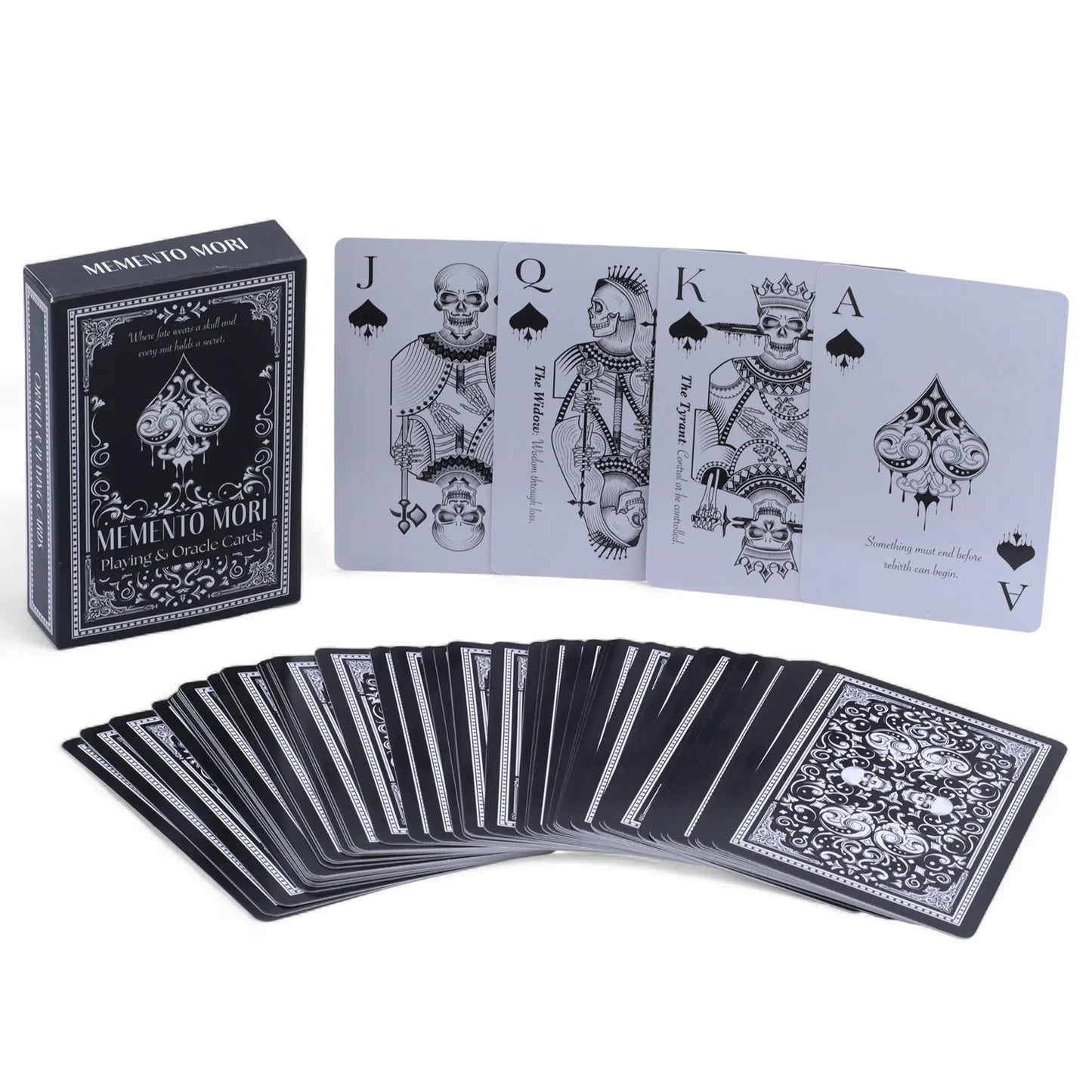 Memento Mori playing cards with black and white design on a white background