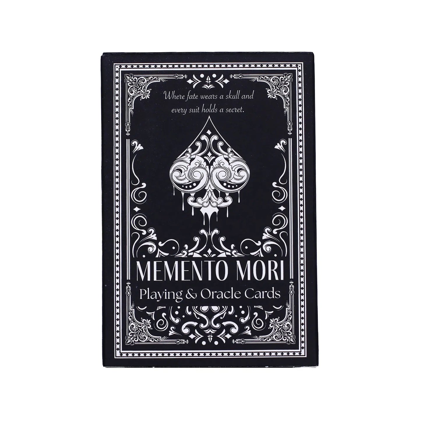 Memento Mori playing and oracle cards packaging with black and white design.