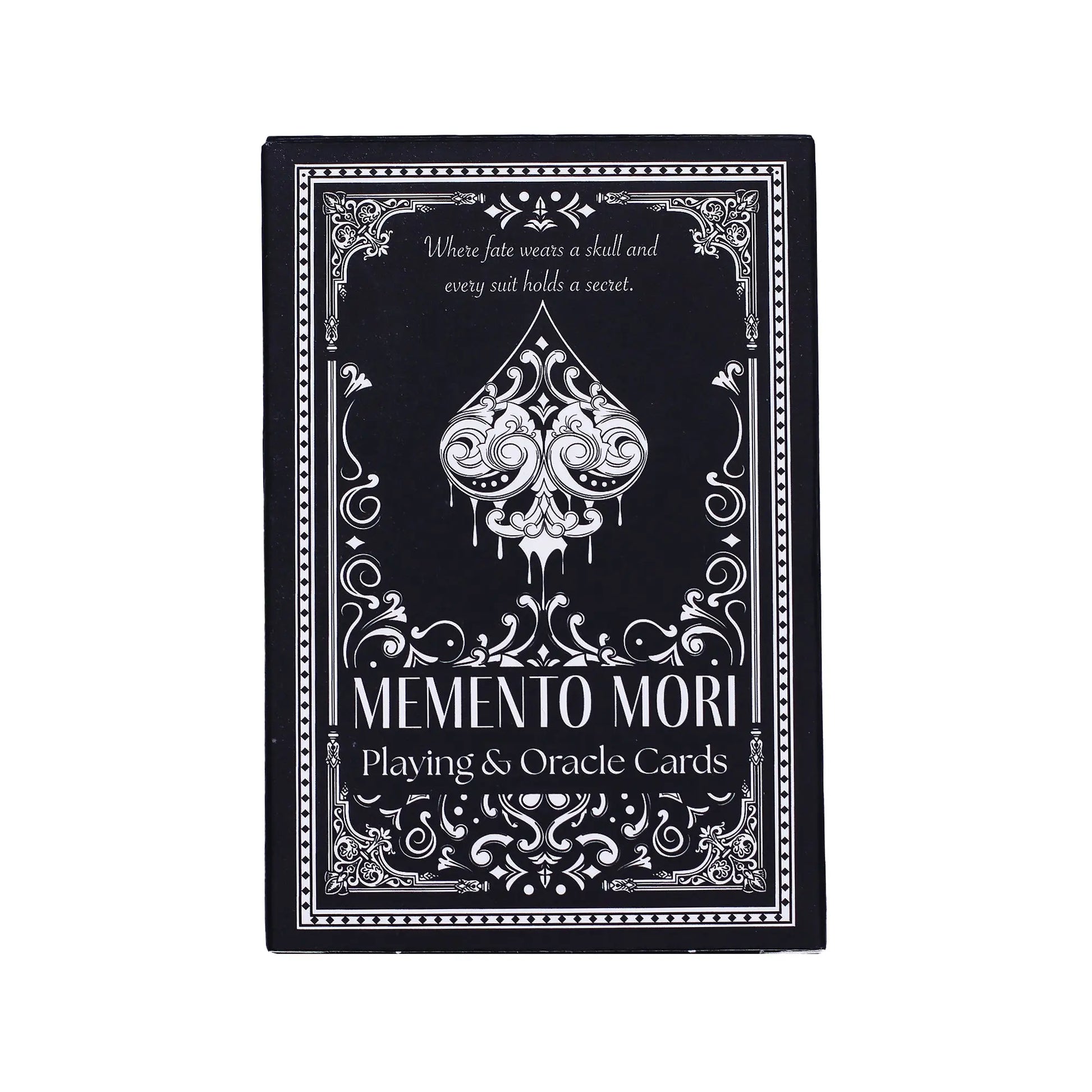 Memento Mori playing and oracle cards packaging with black and white design.