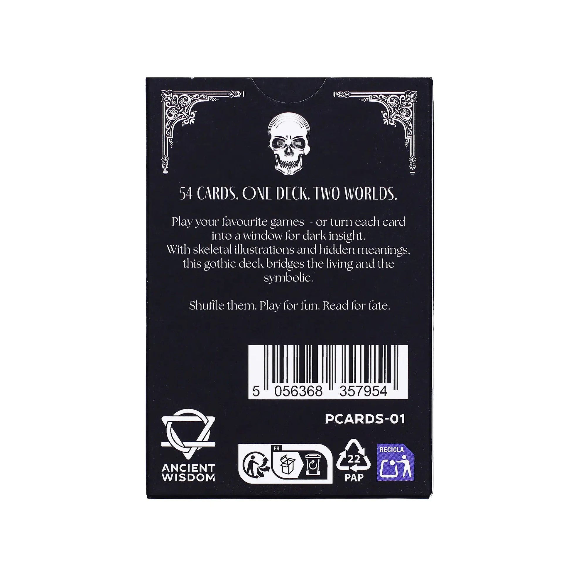 Card game packaging with skull illustration and text on a black background