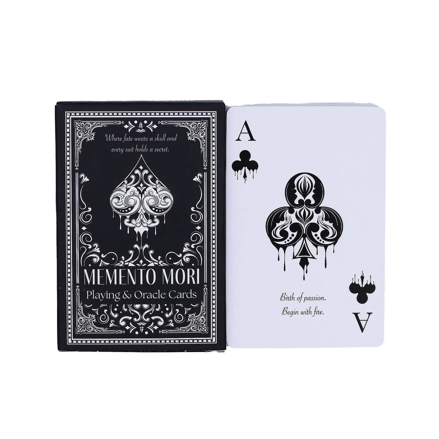 Memento Mori playing cards with black and white design on a white background