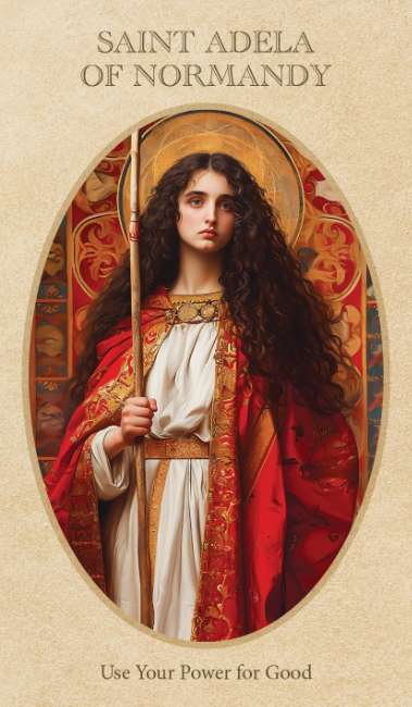 Messages of the Saints oracle deck by Teresa Carano featuring radiant artwork of saints and spiritual guidance cards. Portrait of Saint Adela of Normandy with a decorative frame on a beige background.