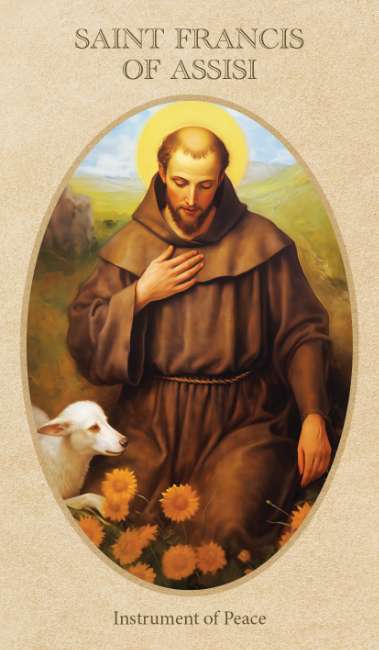 Messages of the Saints oracle deck by Teresa Carano featuring radiant artwork of saints and spiritual guidance cards. Saint Francis of Assisi with a lamb and flowers on a beige background