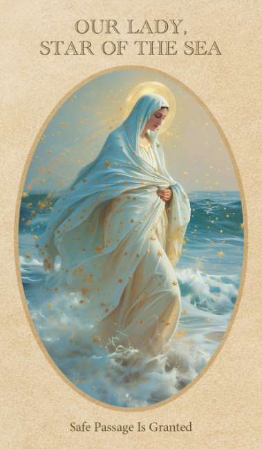 Messages of the Saints oracle deck by Teresa Carano featuring radiant artwork of saints and spiritual guidance cards. Painting of a woman in a white robe standing on water with text 'Our Lady, Star of the Sea' and 'Safe Passage Is Granted'.
