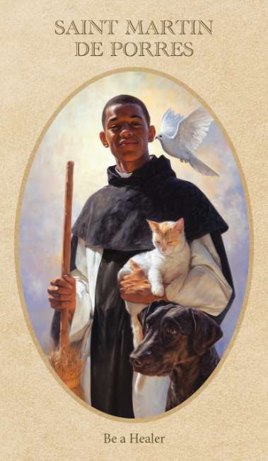 Messages of the Saints oracle deck by Teresa Carano featuring radiant artwork of saints and spiritual guidance cards. Illustration of a man holding a cat and a dog with a dove, surrounded by text about Saint Martin de Porres.