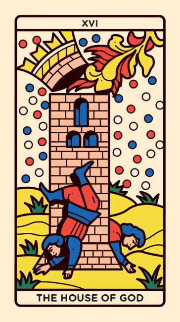 Tarot card titled 'The House of God' with a colorful design featuring a tower and two people. Mini Tarot de Marseille deluxe edition by Nicolas Galkowski featuring gilt-edged mini tarot cards and magnetic presentation box.