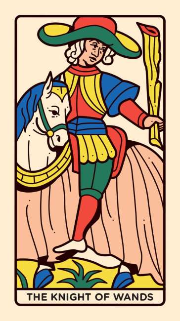 Card featuring 'The Knight of Wands' from a tarot deck, with a person on horseback holding wands. Mini Tarot de Marseille deluxe edition by Nicolas Galkowski featuring gilt-edged mini tarot cards and magnetic presentation box.