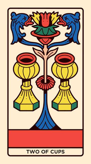 Two of Cups tarot card with two blue dolphins holding red cups on a beige background Mini Tarot de Marseille deluxe edition by Nicolas Galkowski featuring gilt-edged mini tarot cards and magnetic presentation box.