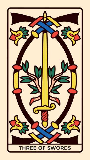 Three of Swords tarot card with decorative elements on a beige background Mini Tarot de Marseille deluxe edition by Nicolas Galkowski featuring gilt-edged mini tarot cards and magnetic presentation box.