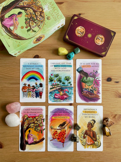 Money Magic Manifestation Cards standard edition deck with gold edges and guidebook.
