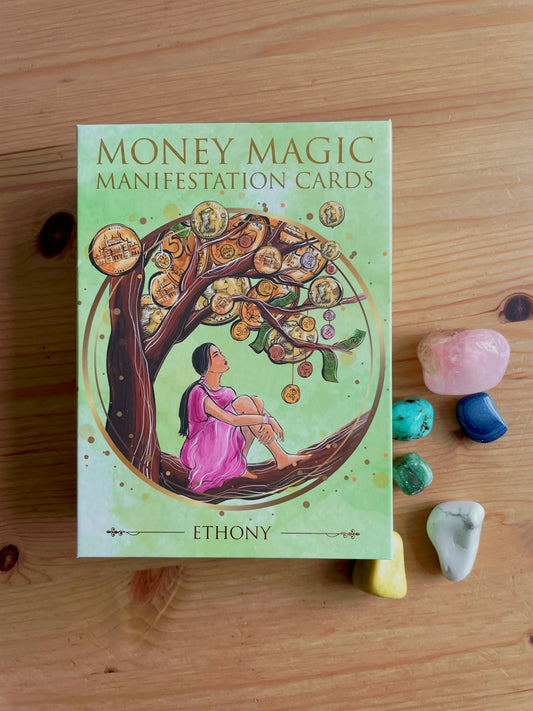 Money Magic Manifestation Cards standard edition deck with gold edges and guidebook.
