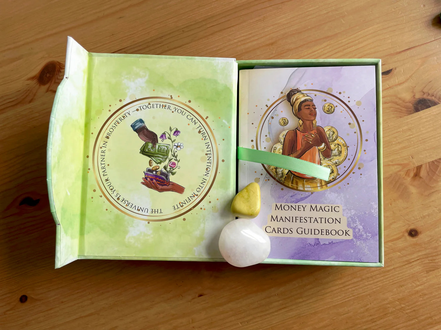 Money Magic Manifestation Cards standard edition deck with gold edges and guidebook.