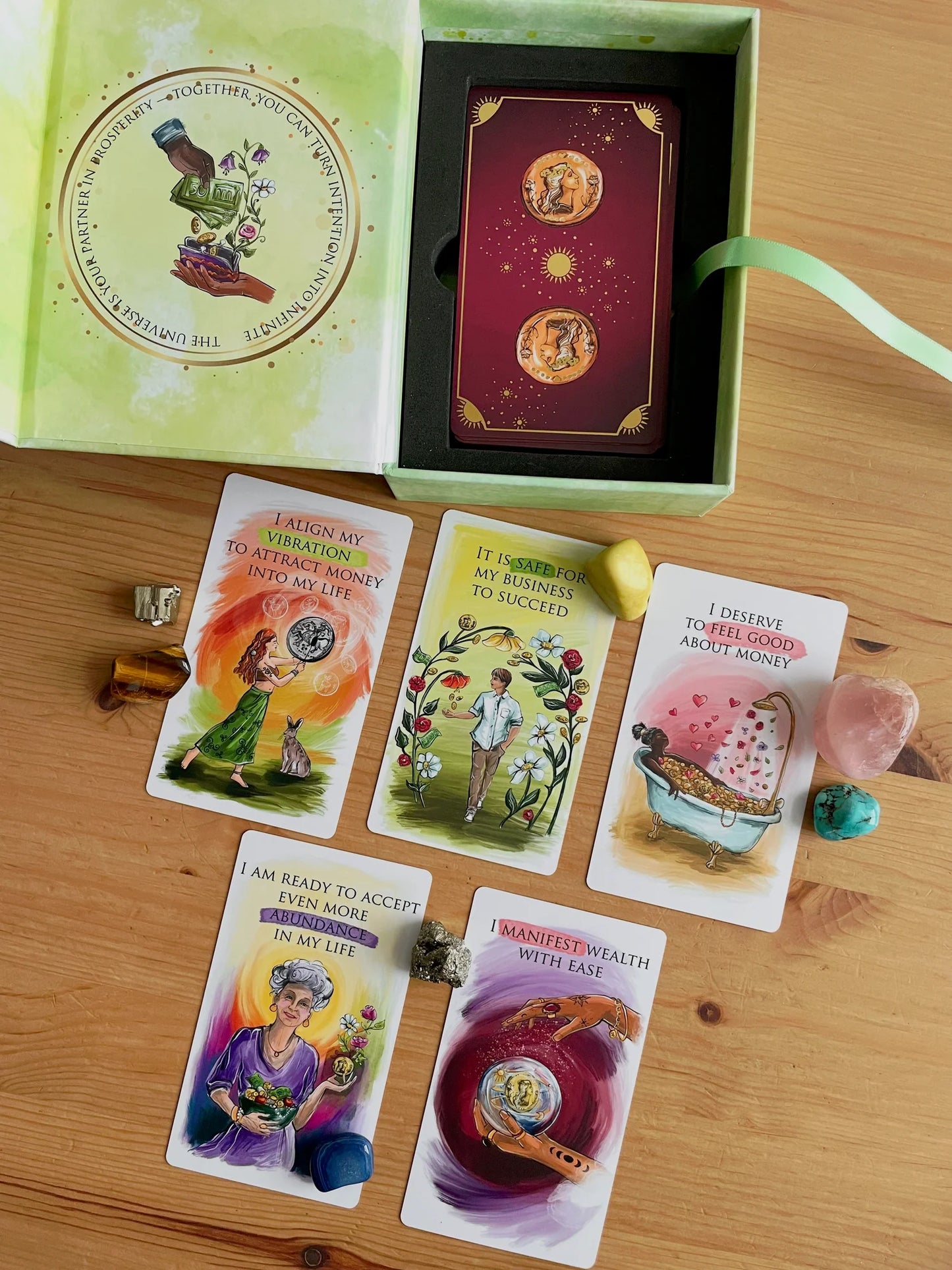 Money Magic Manifestation Cards standard edition deck with gold edges and guidebook.
