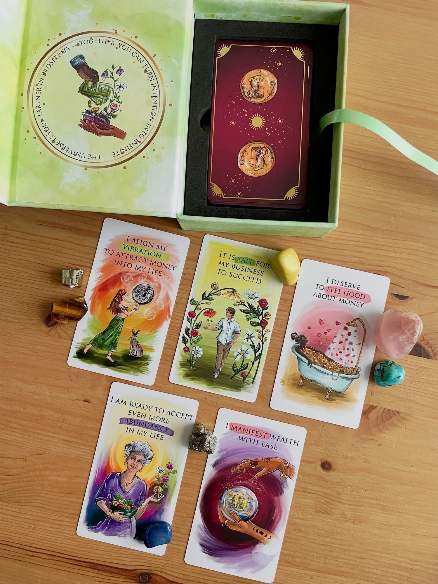 Money Magic Manifestation Cards standard edition deck with gold edges and guidebook.
