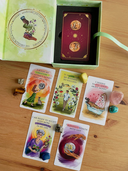 Money Magic Manifestation Cards standard edition deck with gold edges and guidebook.