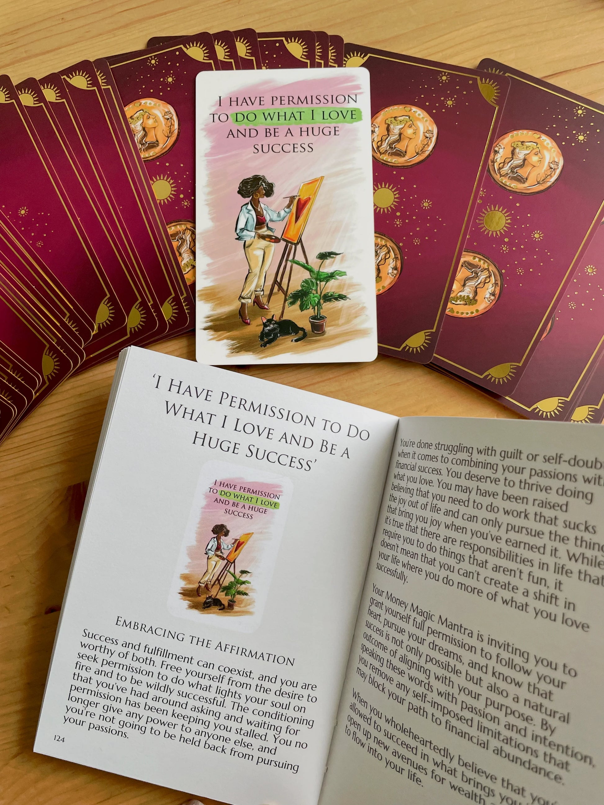 Money Magic Manifestation Cards standard edition deck with gold edges and guidebook.