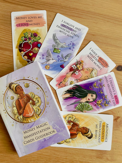 Money Magic Manifestation Cards standard edition deck with gold edges and guidebook.