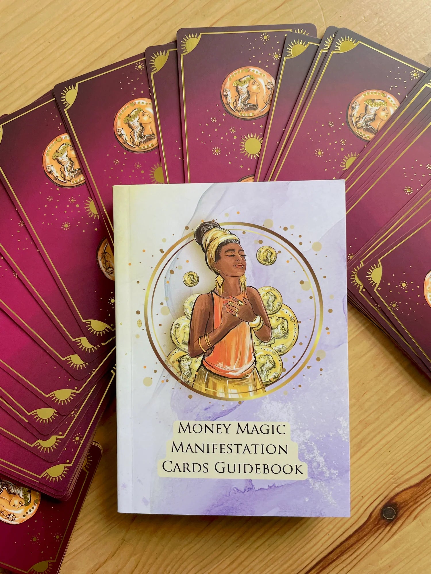 Money Magic Manifestation Cards standard edition deck with gold edges and guidebook.