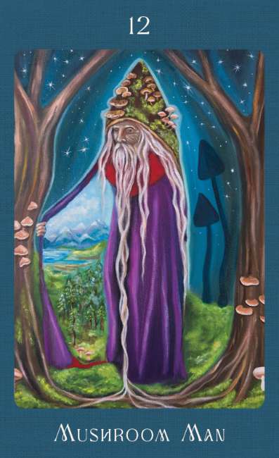 Tarot card featuring a figure labeled 'Mushroom Man' standing between trees with a scenic background.
