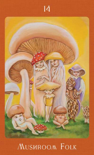 Card featuring illustrations of children with mushroom hats on a yellow background