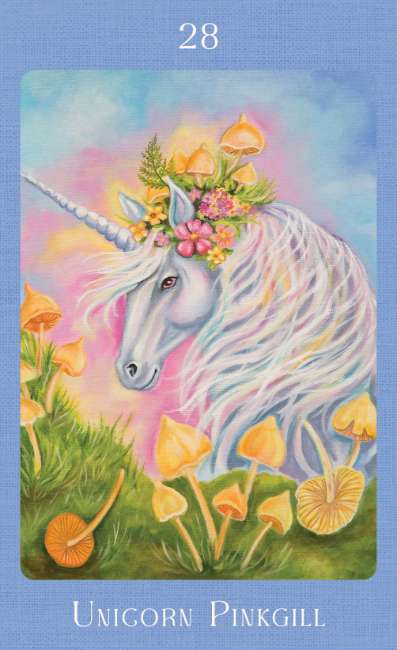 Unicorn with a flower crown in a fantasy setting with mushrooms on a blue border