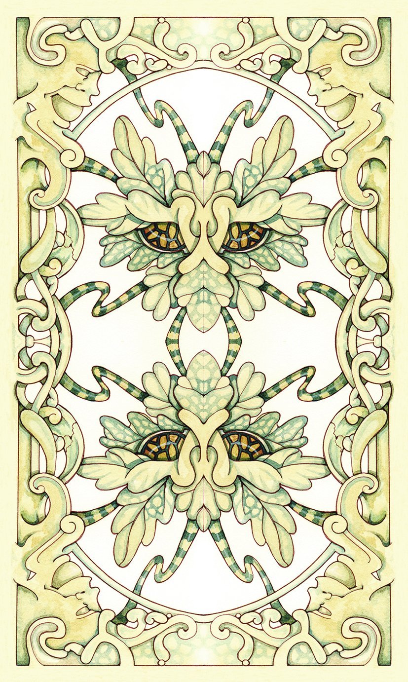 Mystic Faerie Tarot deck by Linda Ravenscroft featuring whimsical faerie themed tarot artwork. Decorative illustration of a green leafy face with intricate patterns on a light yellow background