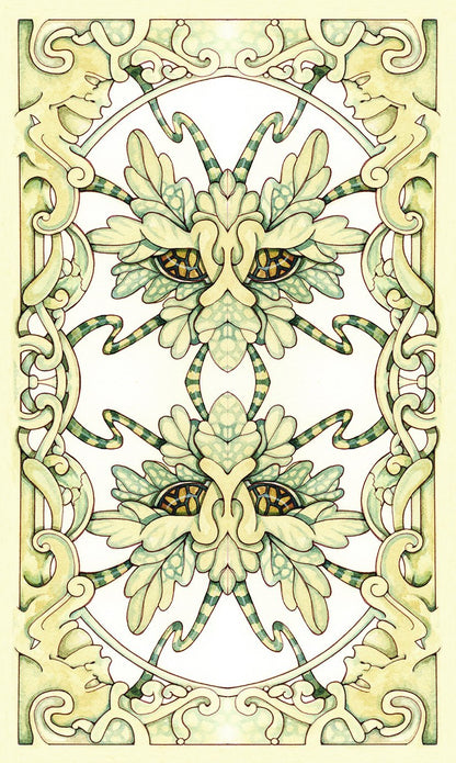 Mystic Faerie Tarot deck by Linda Ravenscroft featuring whimsical faerie themed tarot artwork. Decorative illustration of a green leafy face with intricate patterns on a light yellow background