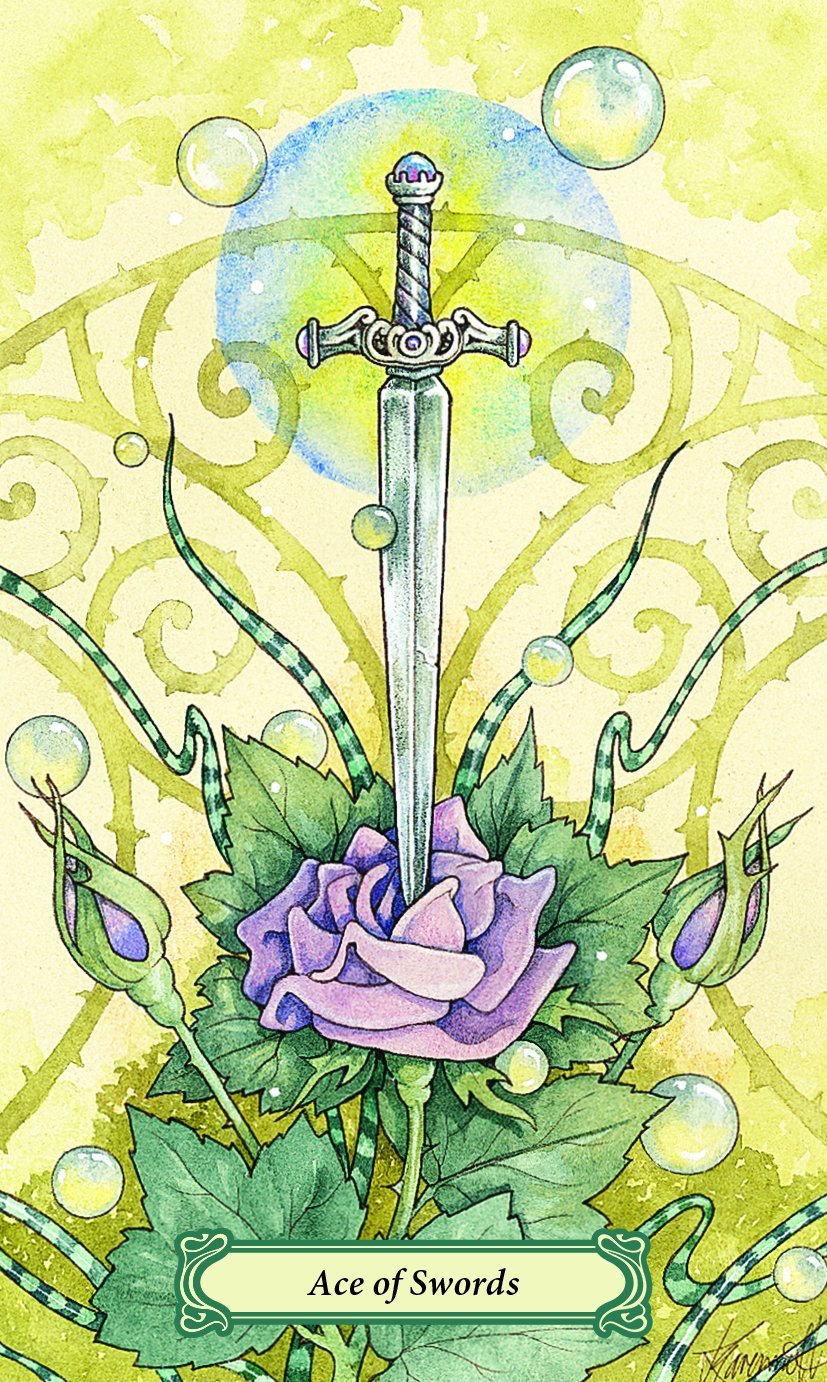 Mystic Faerie Tarot deck by Linda Ravenscroft featuring whimsical faerie themed tarot artwork. Ace of Swords tarot card with a sword, rose, and green leaves on a yellow background