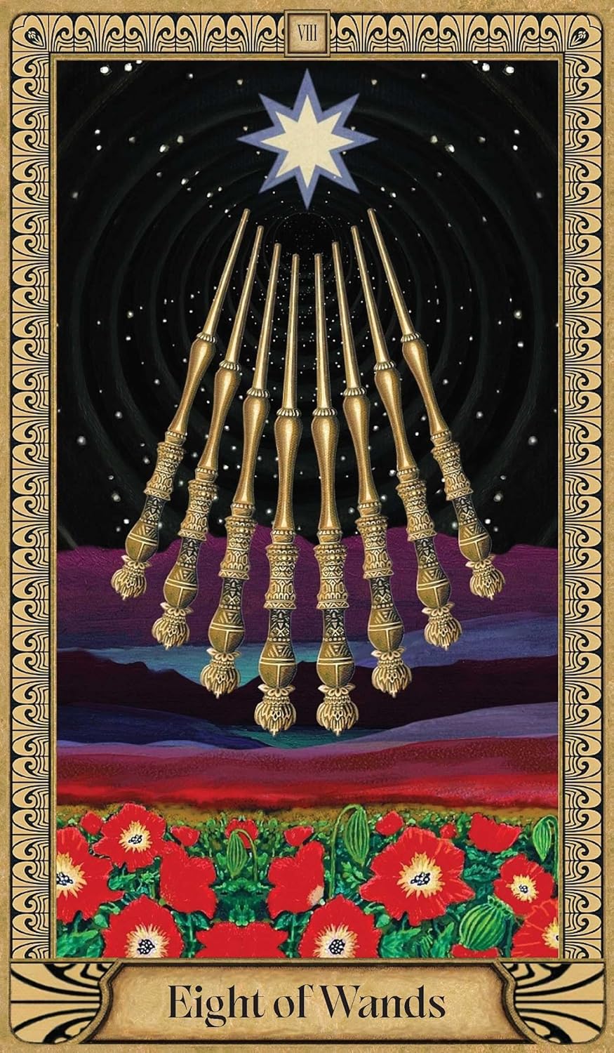 Tarot card featuring eight gold wands against a starry night sky with red flowers at the bottom.
