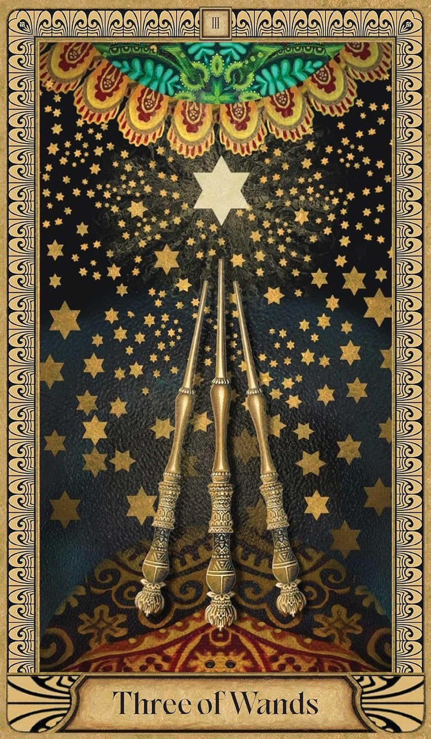 Card from a tarot deck featuring three wands and stars on a dark background with decorative border.