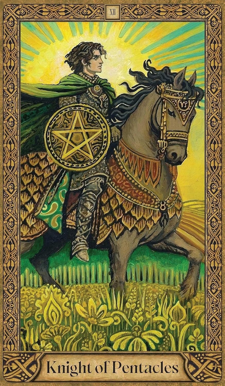 Card featuring a knight on horseback with a pentacle symbol, framed with decorative elements.
