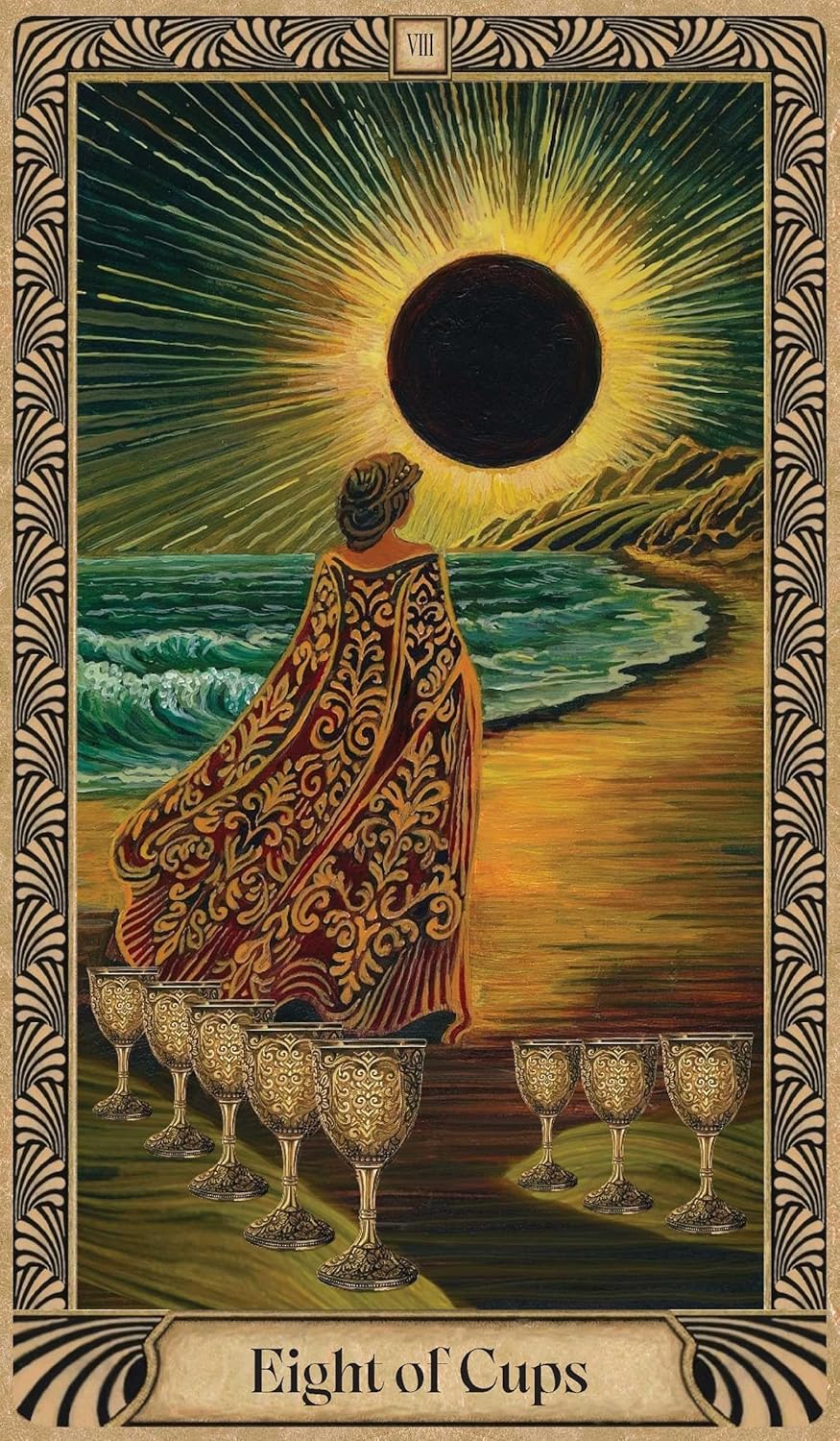 Tarot card titled 'Eight of Cups' with a person in a patterned robe and eight cups on a beach.