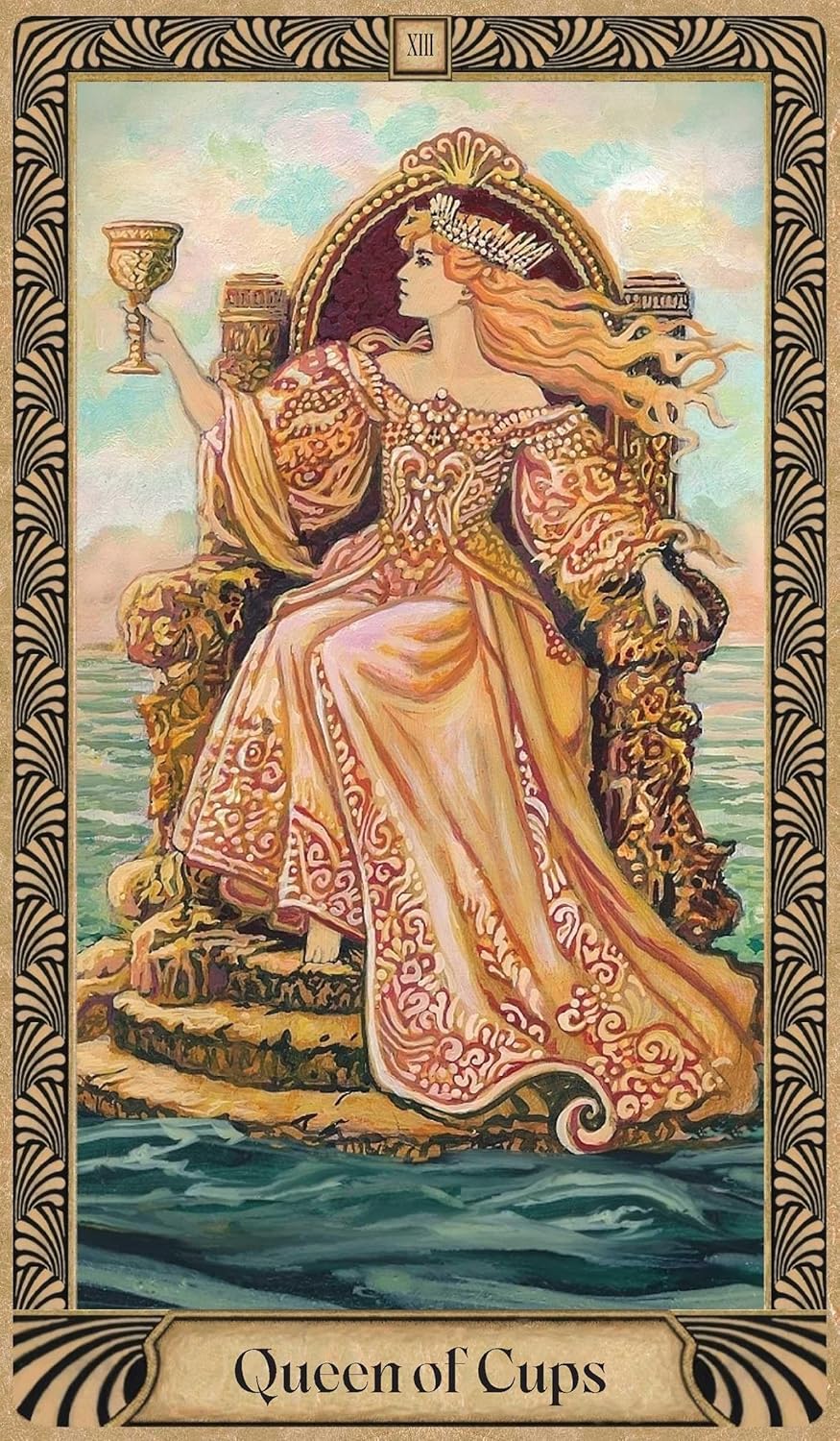 Vintage-style card featuring a woman in an ornate dress holding a chalice, titled 'Queen of Cups'.