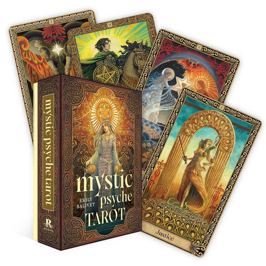 Mystic Psyche Tarot cards with ornate designs and a box on a white background