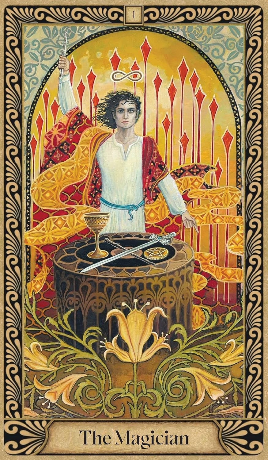 Tarot card featuring 'The Magician' with intricate design and symbolic elements.