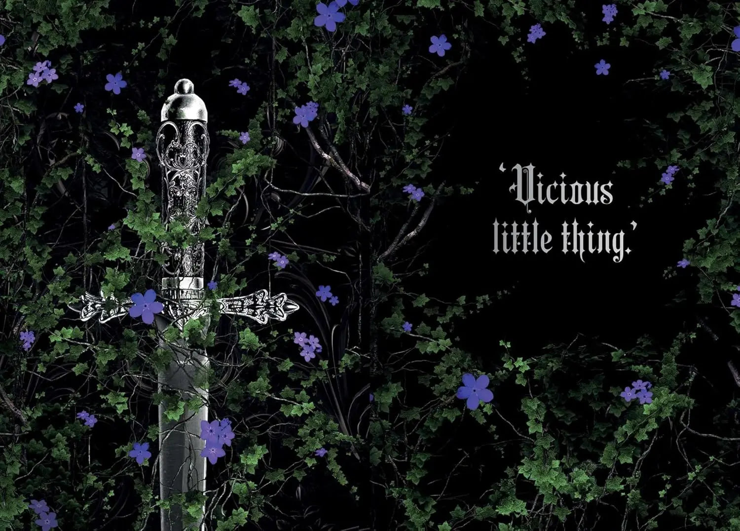 Decorative sword with intricate designs against a dark background with purple flowers. powerless Journal