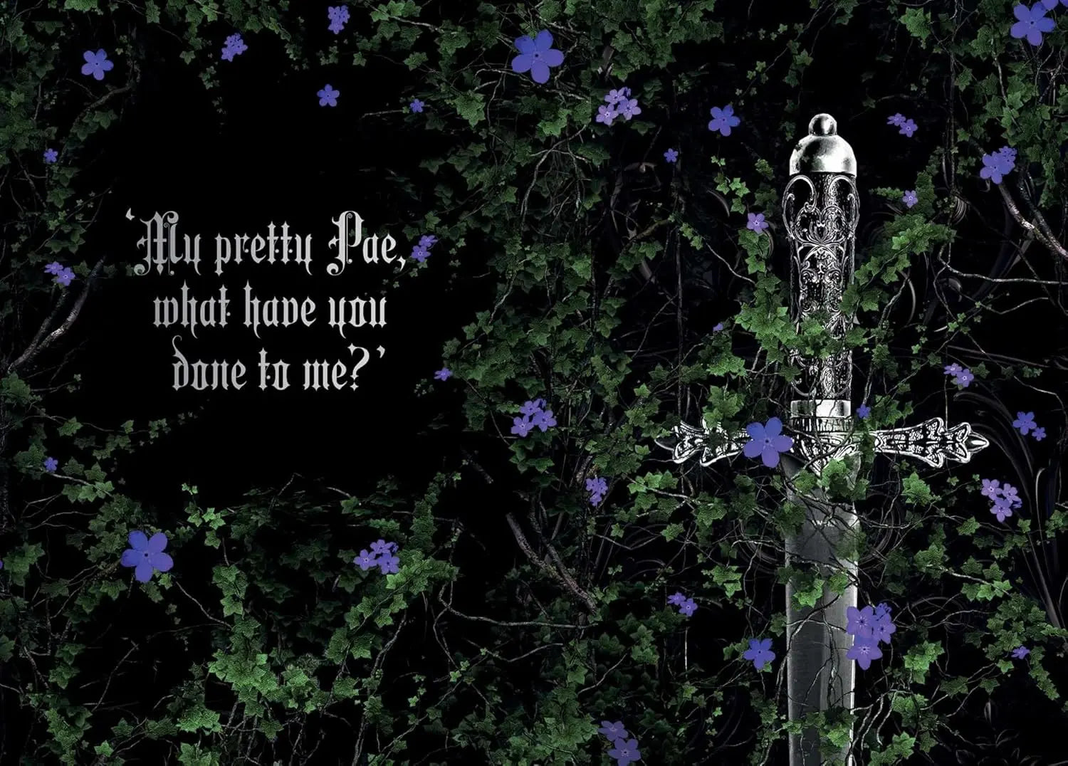 Decorative sword with ornate hilt on a dark background with purple flowers Powerless Journal 