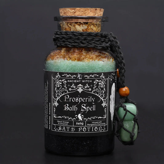 Bottle of 'Prosperity Bath Spell' with decorative elements on a dark background