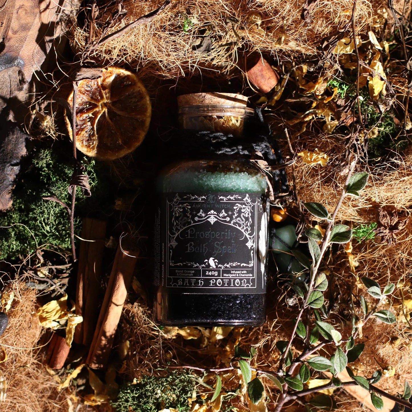 Bottle labeled 'Herb Potion' surrounded by natural elements like leaves and twigs.