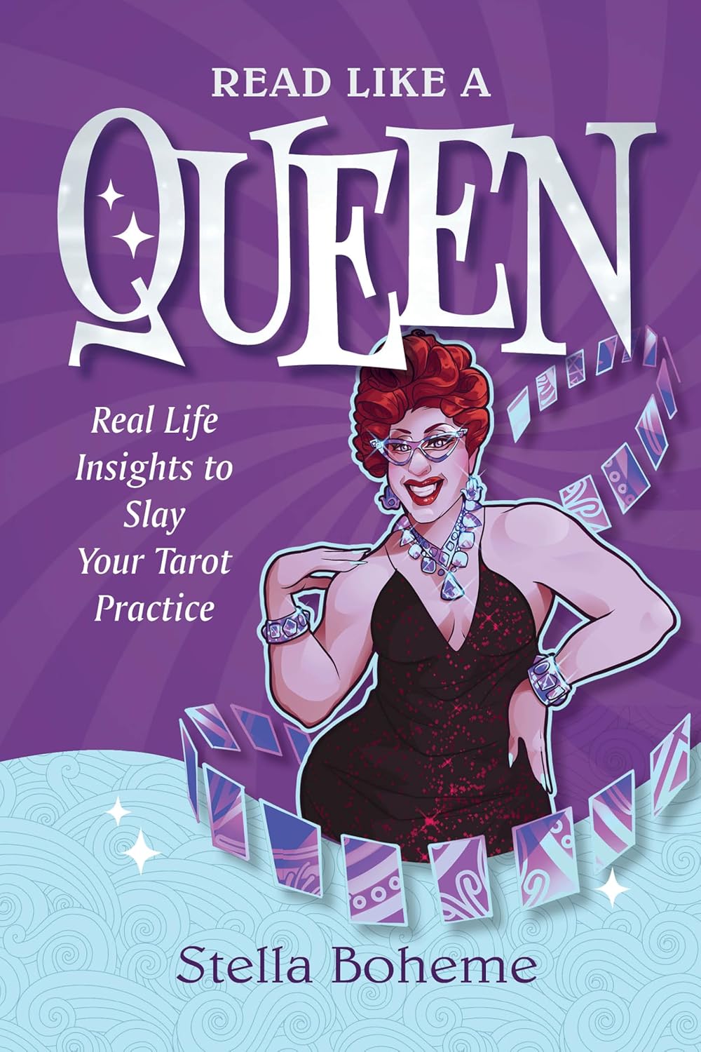 Book cover of 'Read Like a Queen' with a stylized illustration of a woman and tarot cards on a purple background.