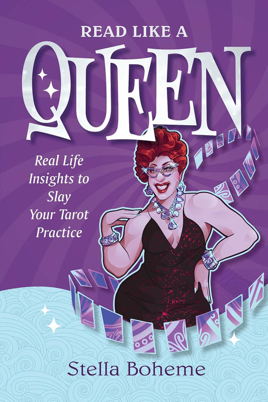 Book cover of 'Read Like a Queen' with a stylized illustration of a woman and tarot cards on a purple background.